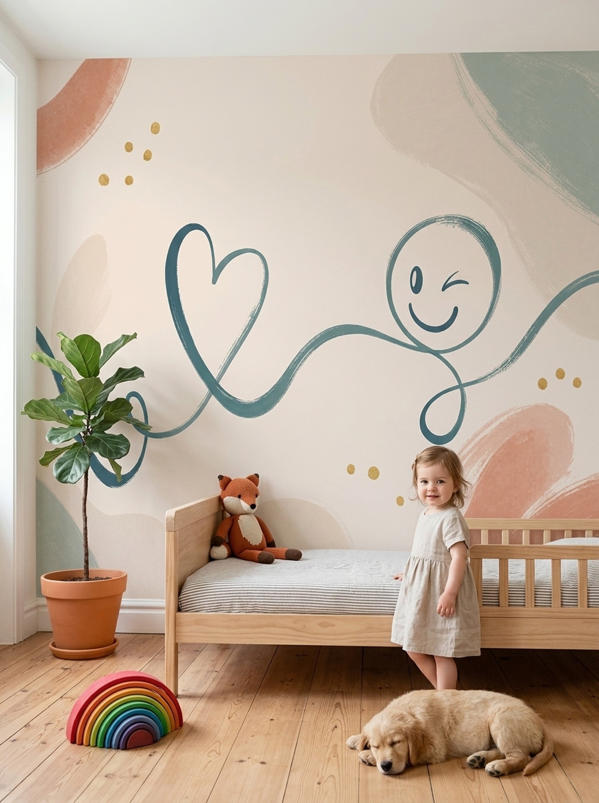 Gülümseyen Yüz Çizimli Poster Duvar Kağıdı Pastel Bebek Odası