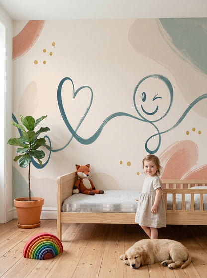 Gülümseyen Yüz Çizimli Poster Duvar Kağıdı Pastel Bebek Odası