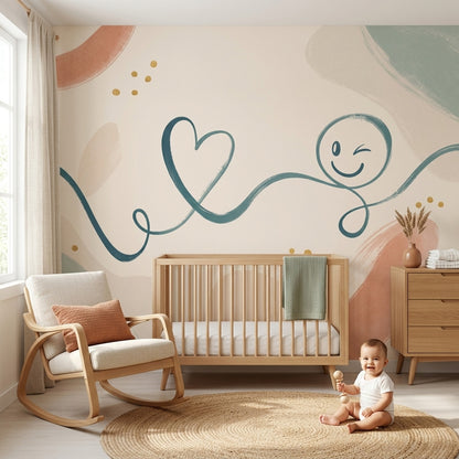 Gülümseyen Yüz Çizimli Poster Duvar Kağıdı Pastel Bebek Odası