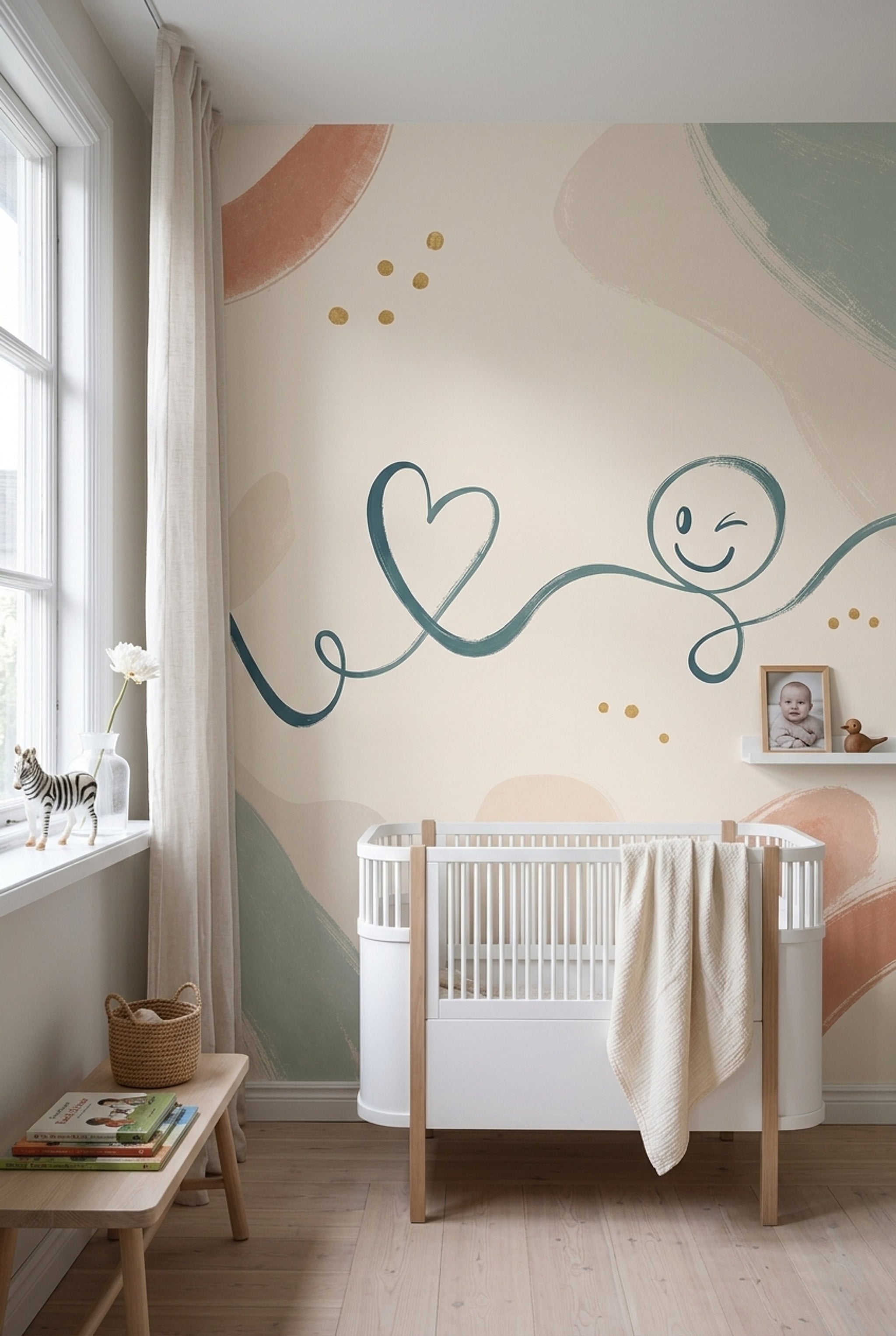 Gülümseyen Yüz Çizimli Poster Duvar Kağıdı Pastel Bebek Odası