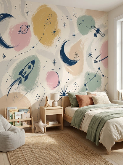 Uzay Temalı Poster Duvar Kağıdı Pastel Çocuk Odası Desenli