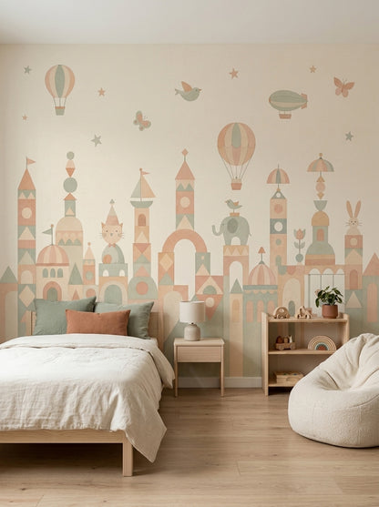 Pastel Şehir ve Balonlu Poster Duvar Kağıdı Çocuk Odası