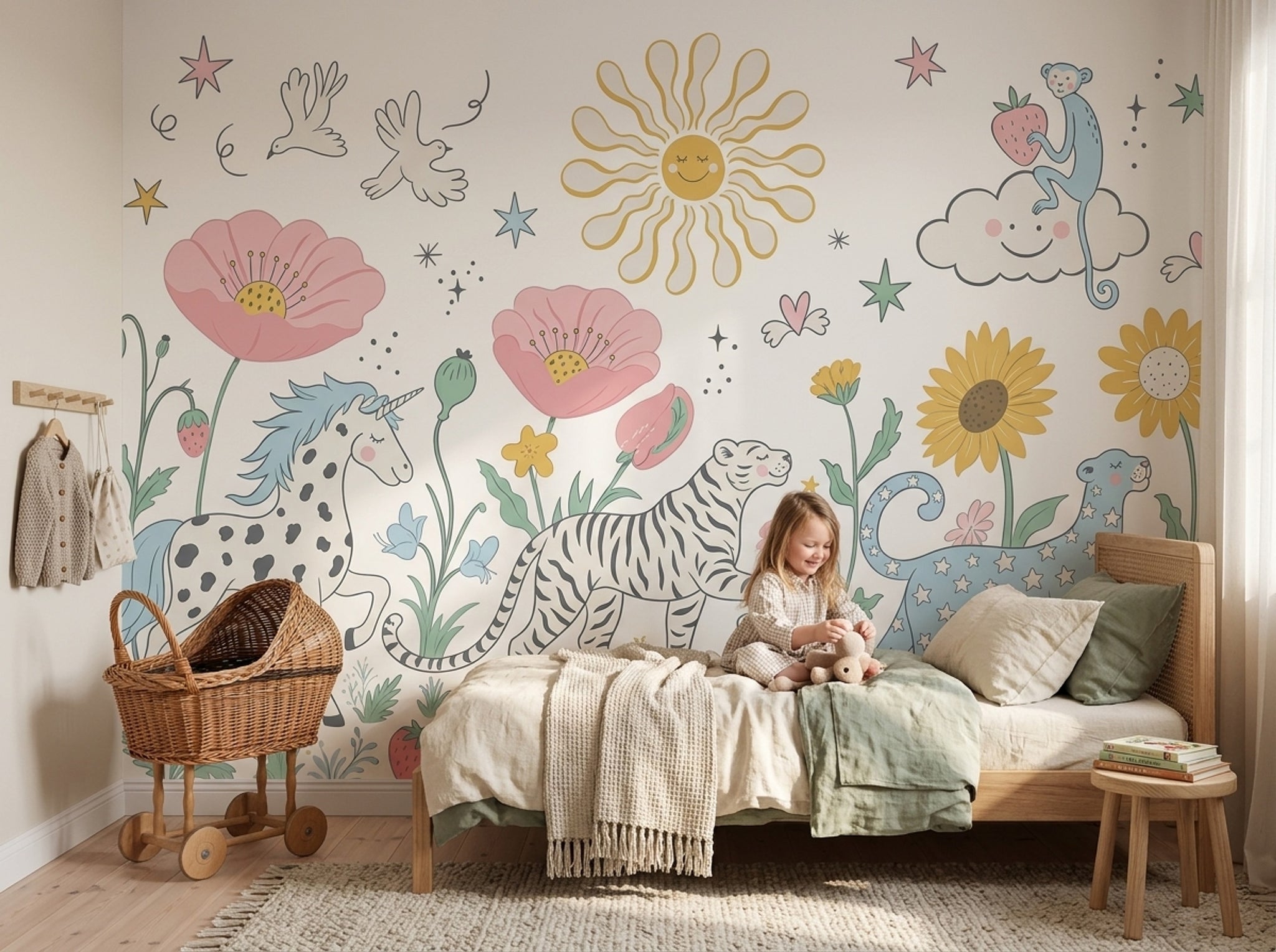 Hayvanlı Çiçekli Poster Duvar Kağıdı Pastel Çocuk Odası