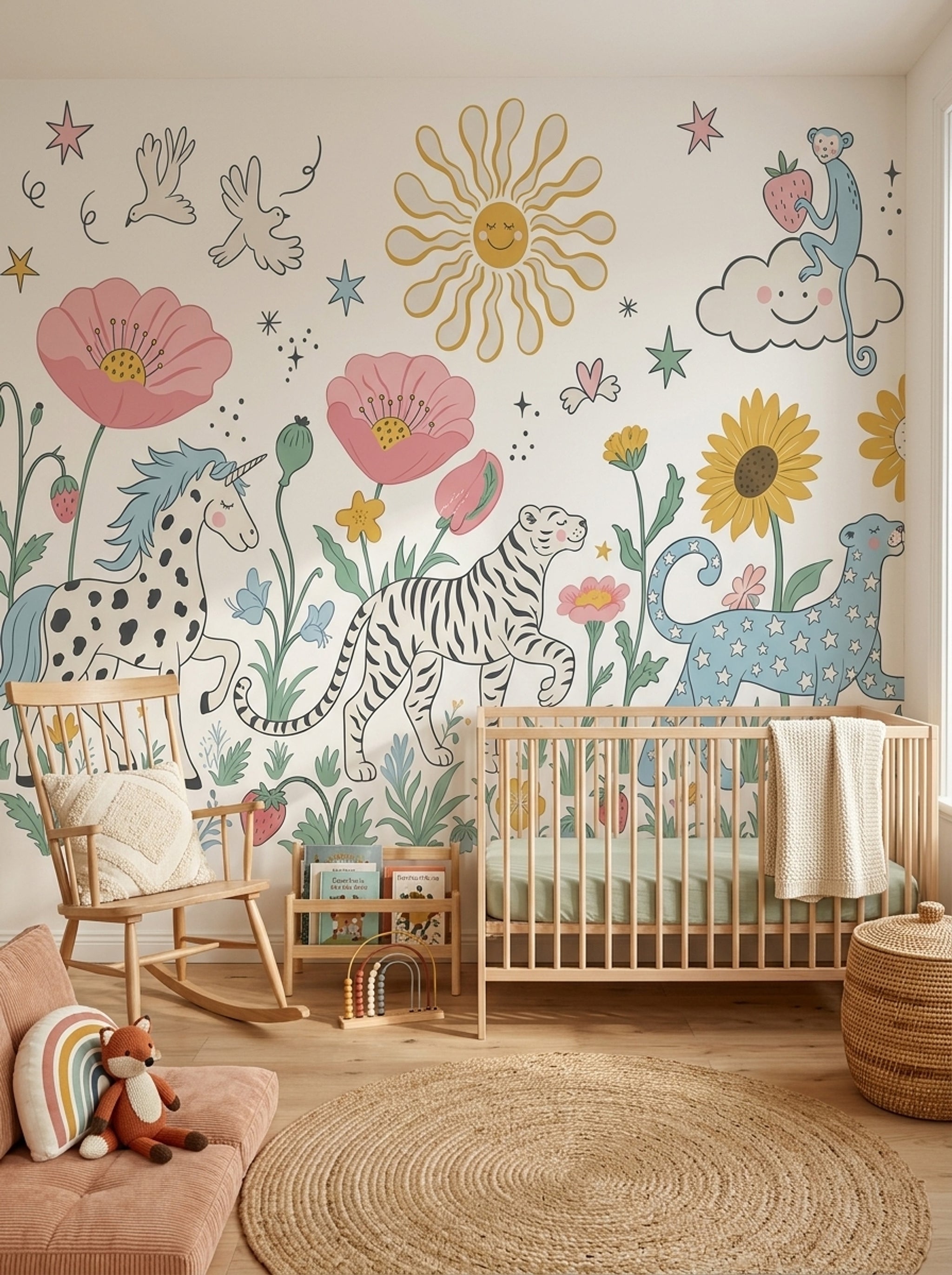 Hayvanlı Çiçekli Poster Duvar Kağıdı Pastel Çocuk Odası