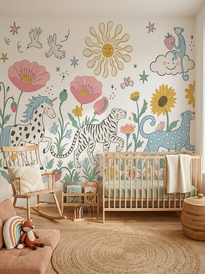 Hayvanlı Çiçekli Poster Duvar Kağıdı Pastel Çocuk Odası