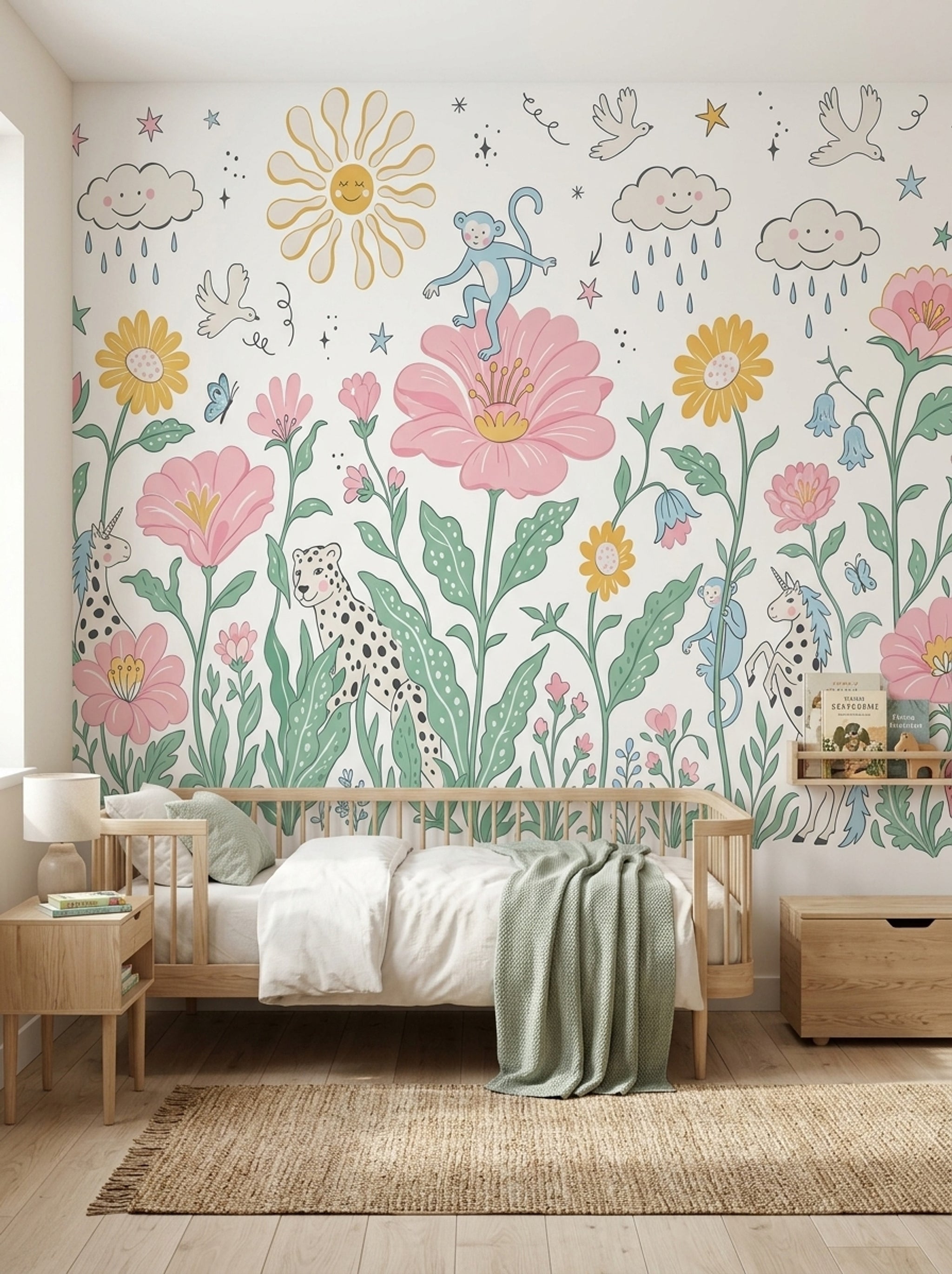 Masalsı Hayvanlı Poster Duvar Kağıdı Pastel Çocuk Odası Desenli