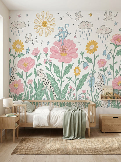 Masalsı Hayvanlı Poster Duvar Kağıdı Pastel Çocuk Odası Desenli