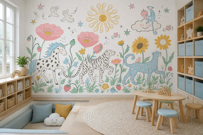 Hayvanlı Çiçekli Poster Duvar Kağıdı Pastel Çocuk Odası
