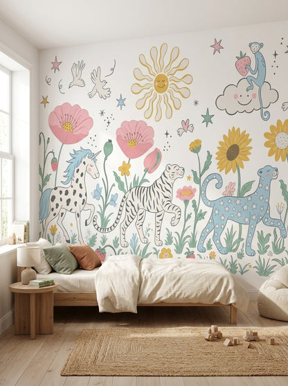 Hayvanlı Çiçekli Poster Duvar Kağıdı Pastel Çocuk Odası