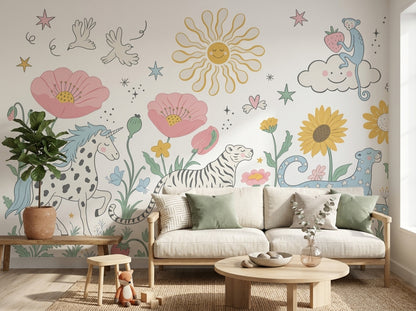 Hayvanlı Çiçekli Poster Duvar Kağıdı Pastel Çocuk Odası