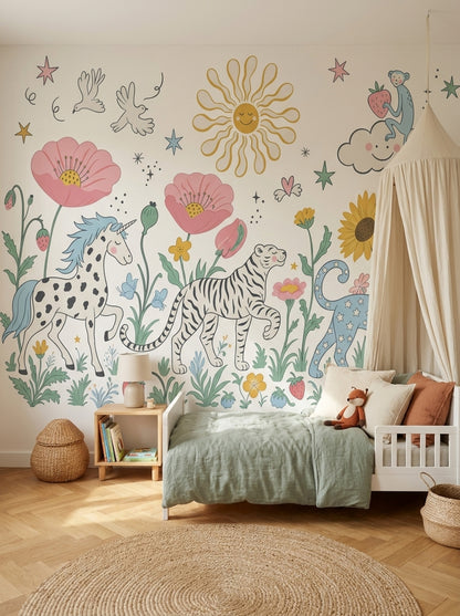 Hayvanlı Çiçekli Poster Duvar Kağıdı Pastel Çocuk Odası