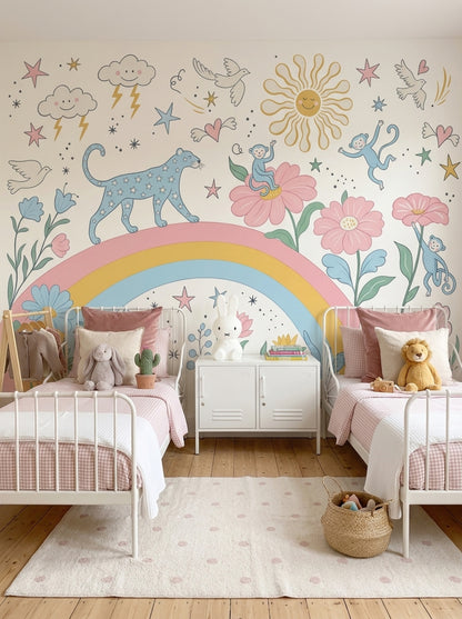 Gökkuşağı Hayvanlı Poster Duvar Kağıdı Pastel Çocuk Odası