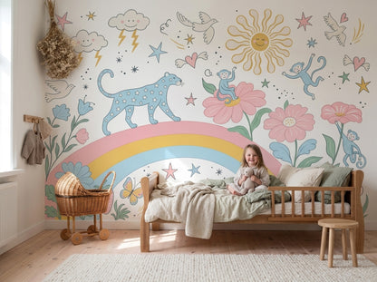 Gökkuşağı Hayvanlı Poster Duvar Kağıdı Pastel Çocuk Odası
