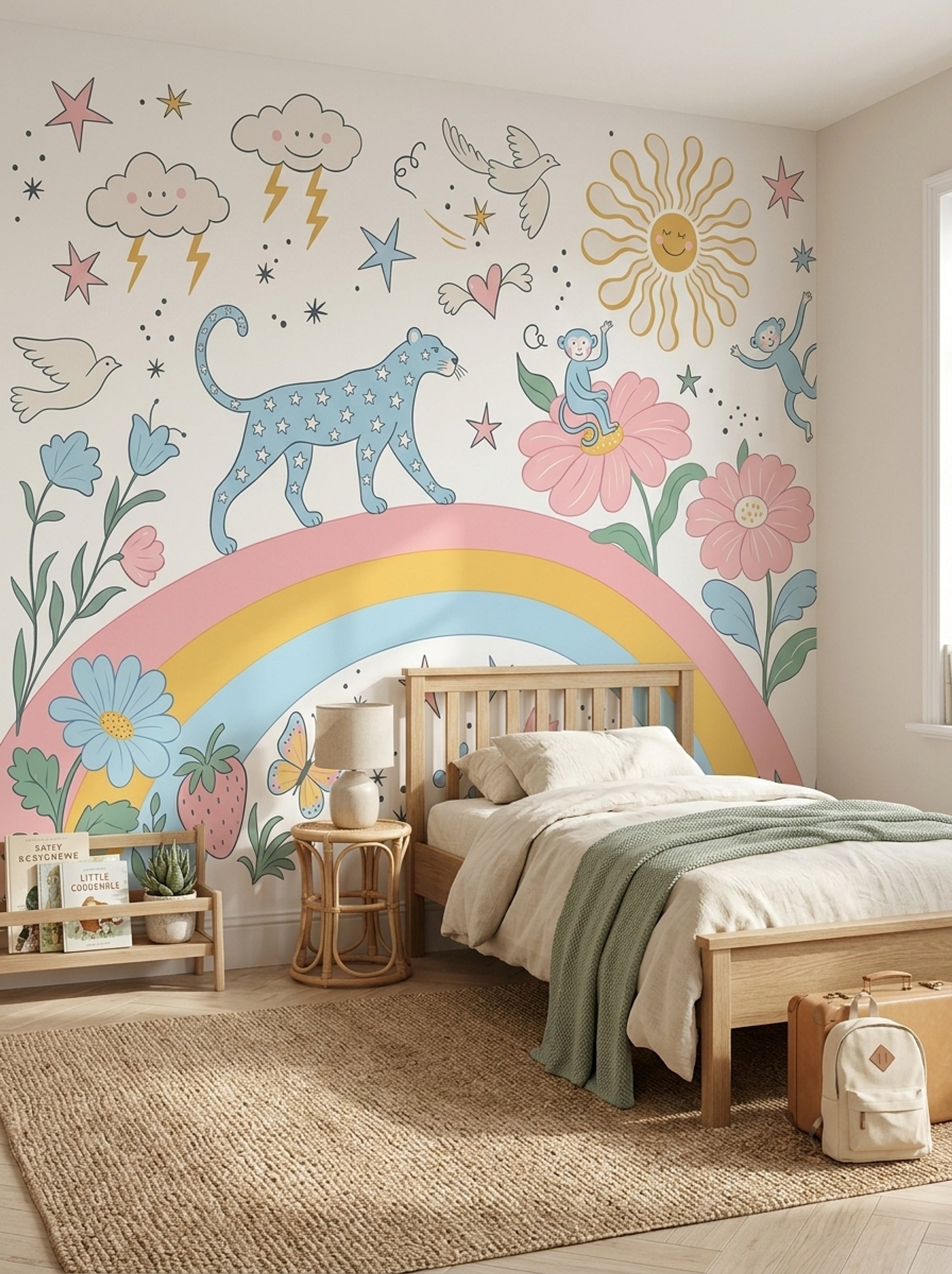 Gökkuşağı Hayvanlı Poster Duvar Kağıdı Pastel Çocuk Odası