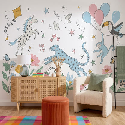 Unicorn ve Balonlu Poster Duvar Kağıdı Çocuk Odası Pastel