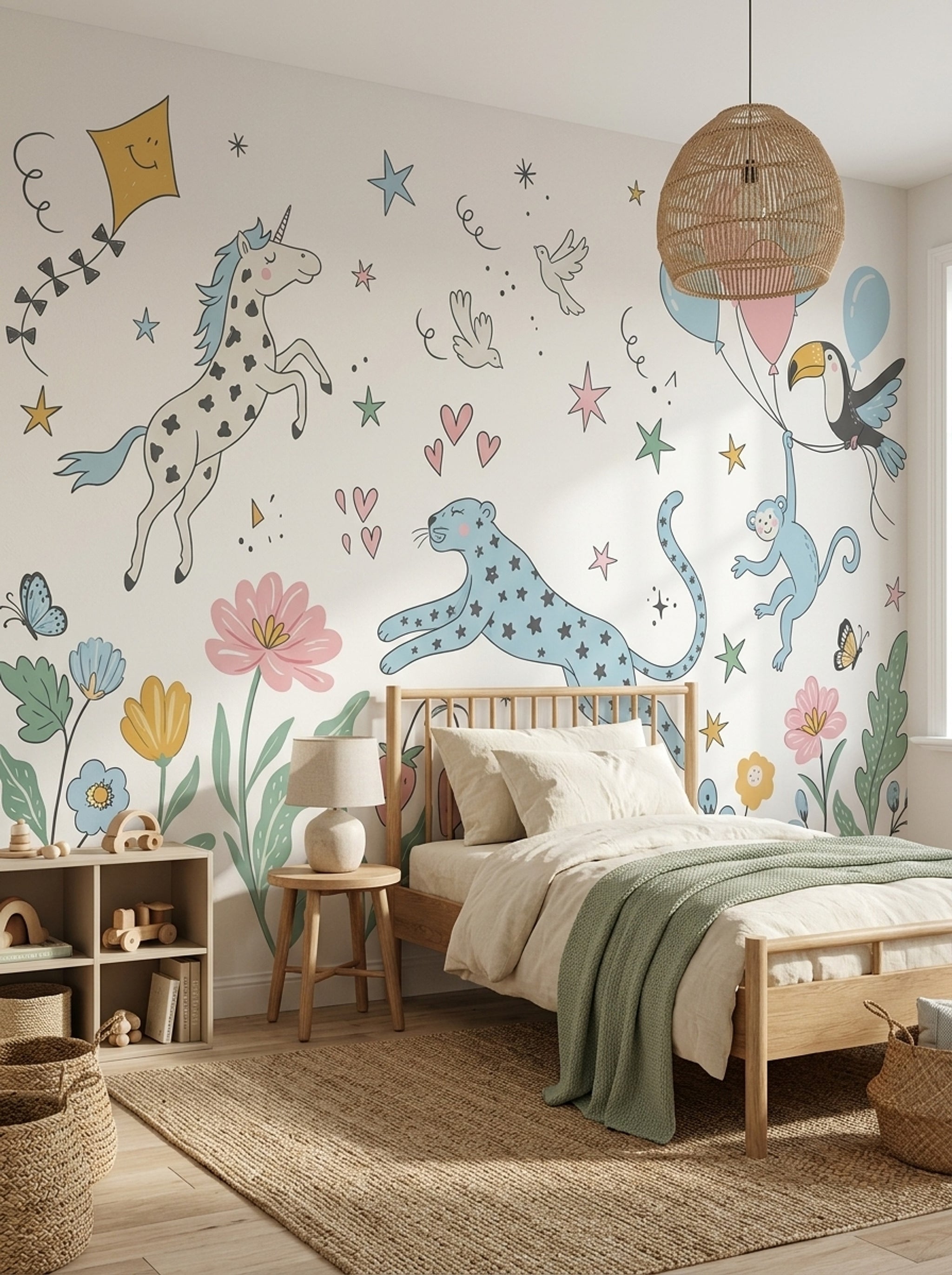 Unicorn ve Balonlu Poster Duvar Kağıdı Çocuk Odası Pastel