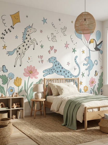 Unicorn ve Balonlu Poster Duvar Kağıdı Çocuk Odası Pastel