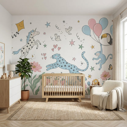 Unicorn ve Balonlu Poster Duvar Kağıdı Çocuk Odası Pastel