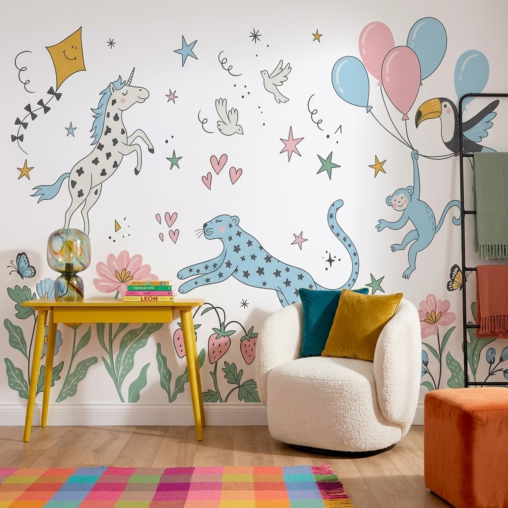 Unicorn ve Balonlu Poster Duvar Kağıdı Çocuk Odası Pastel