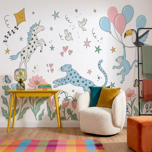 Unicorn ve Balonlu Poster Duvar Kağıdı Çocuk Odası Pastel