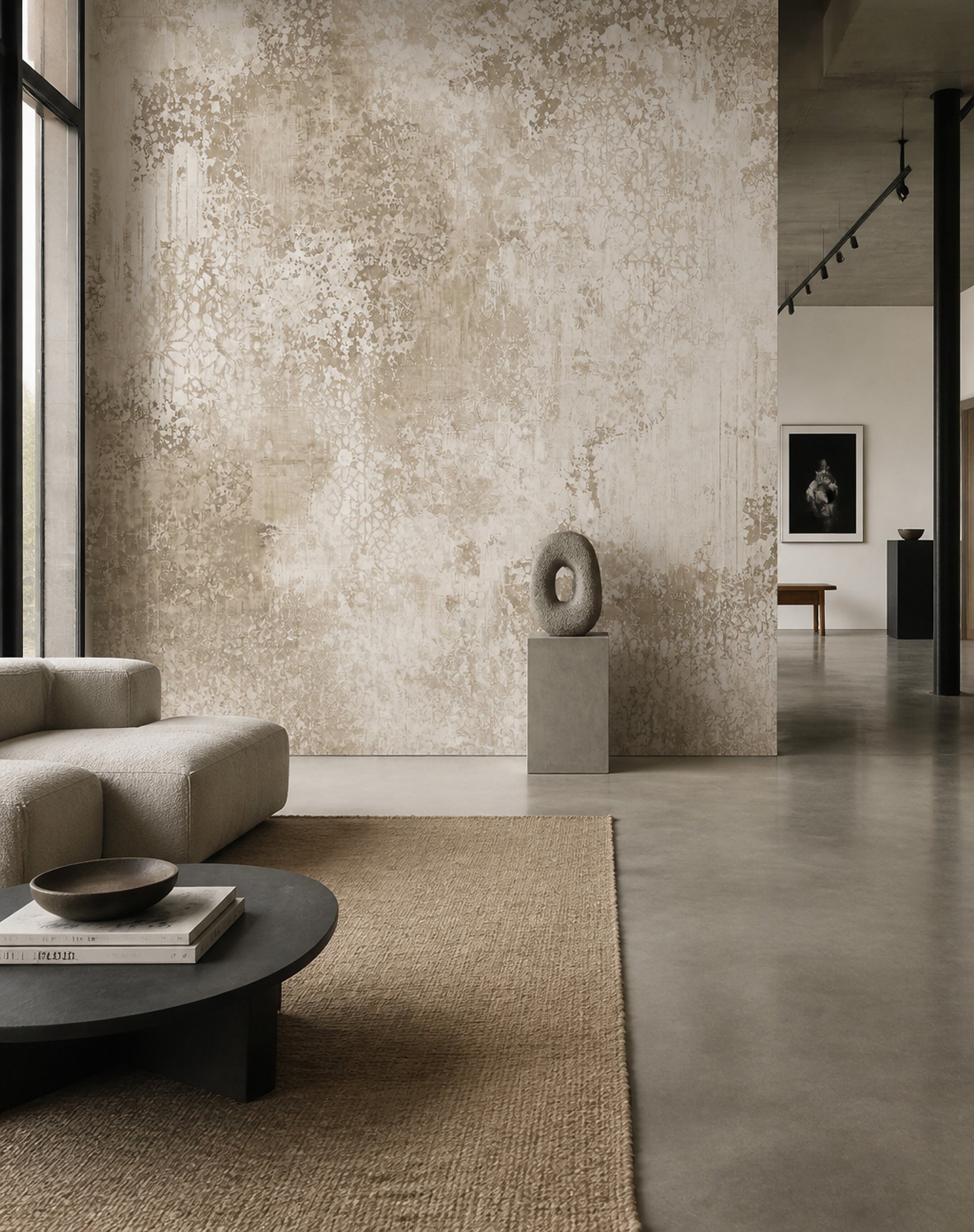 Beton Görünümlü Poster Duvar Kağıdı Bej Modern Yatak Odası