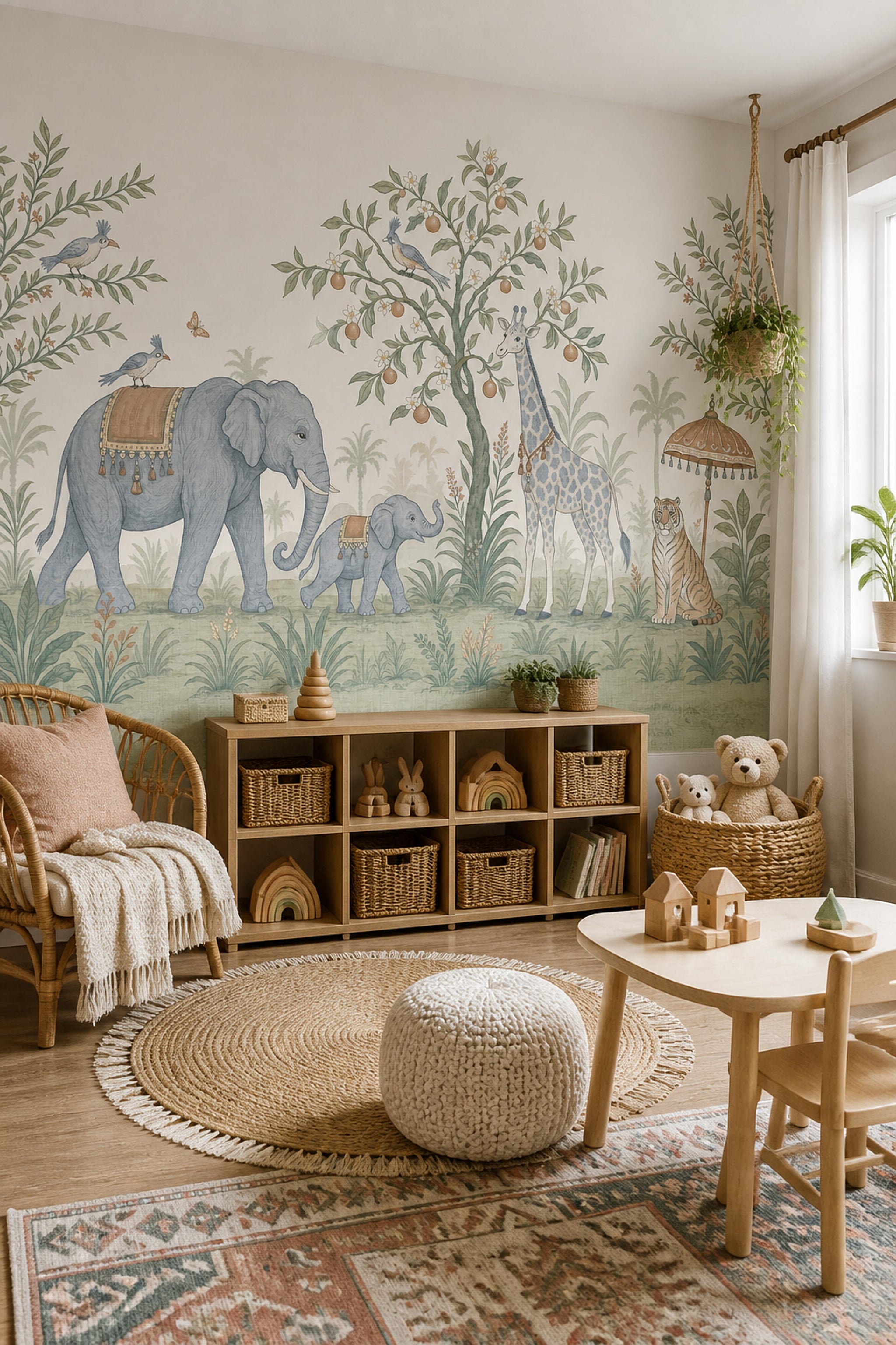 Safari Hayvanlı Poster Duvar Kağıdı Bej Çocuk Odası Deseni
