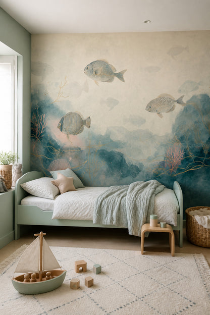 Deniz Altı Balıklı Poster Duvar Kağıdı Mavi Bej Çocuk Odası