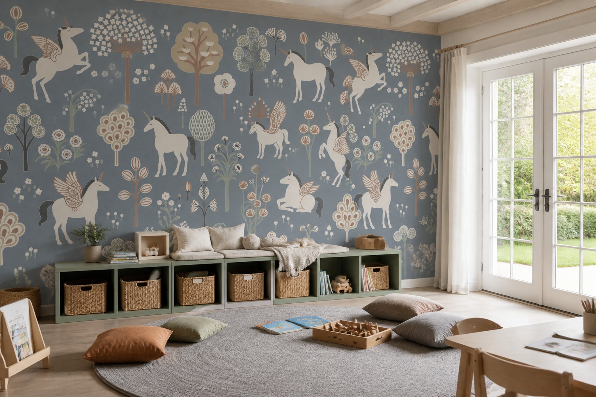 Unicorn Orman Desenli Poster Duvar Kağıdı Mavi Çocuk Odası