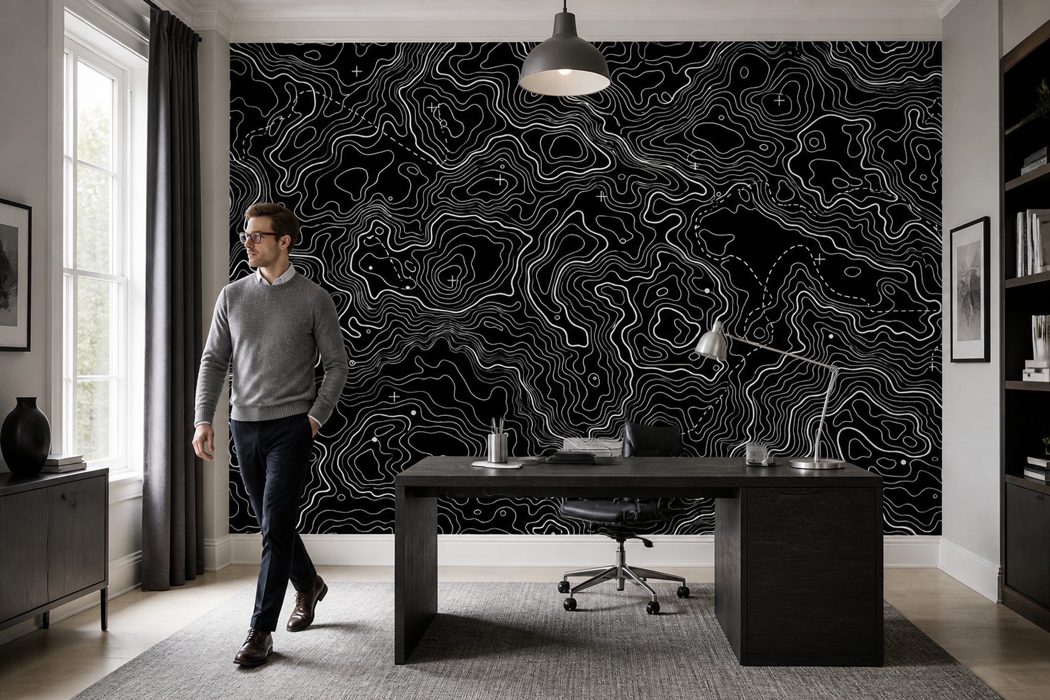 Topografik Harita Çizgili Poster Duvar Kağıdı Siyah Beyaz