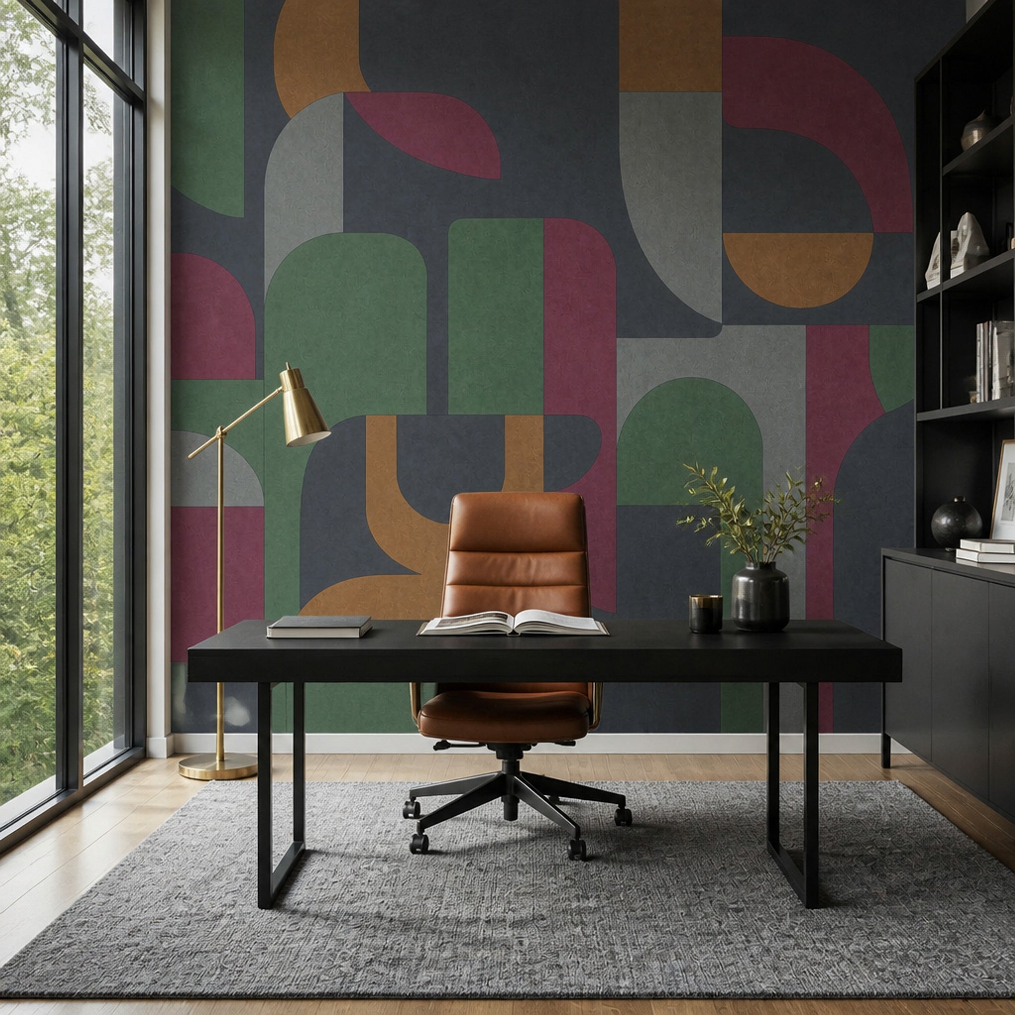 Geometrik Şekilli Poster Duvar Kağıdı Yeşil Bordo Modern Salon