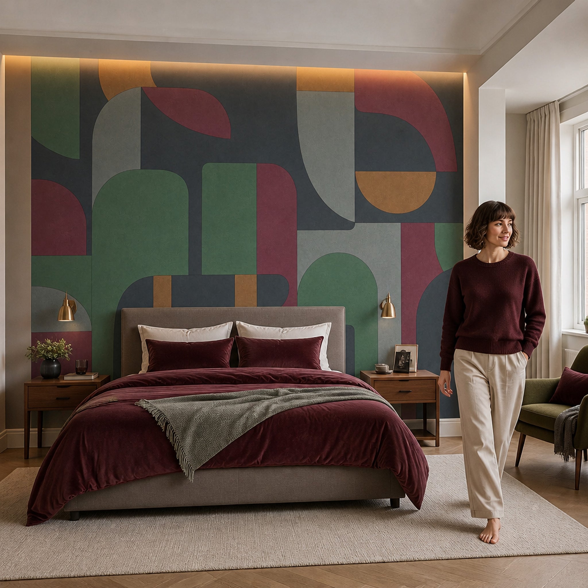 Geometrik Şekilli Poster Duvar Kağıdı Yeşil Bordo Modern Salon