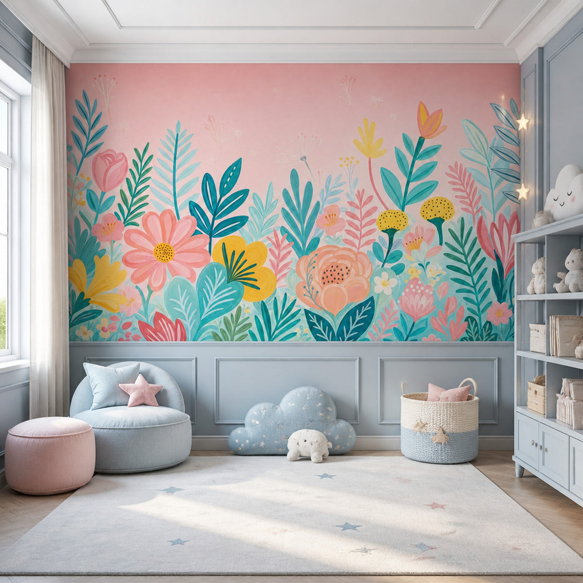 Pastel Çiçekli Poster Duvar Kağıdı Pembe Çocuk Odası Desenli