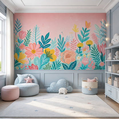 Pastel Çiçekli Poster Duvar Kağıdı Pembe Çocuk Odası Desenli