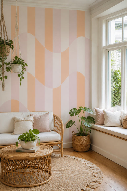 Pastel Dalgalı Çizgili Poster Duvar Kağıdı Pembe Turuncu Salon