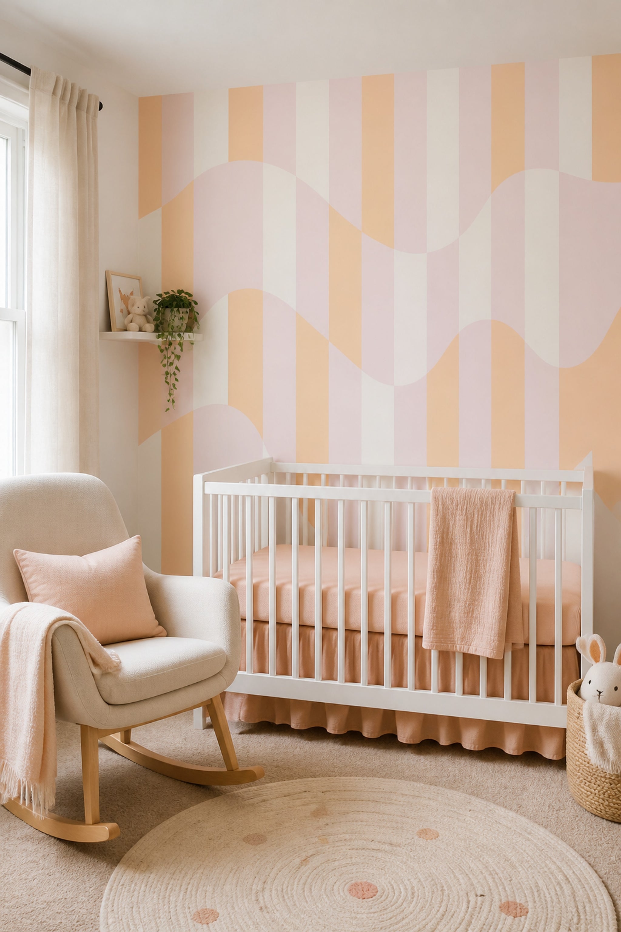 Pastel Dalgalı Çizgili Poster Duvar Kağıdı Pembe Turuncu Salon