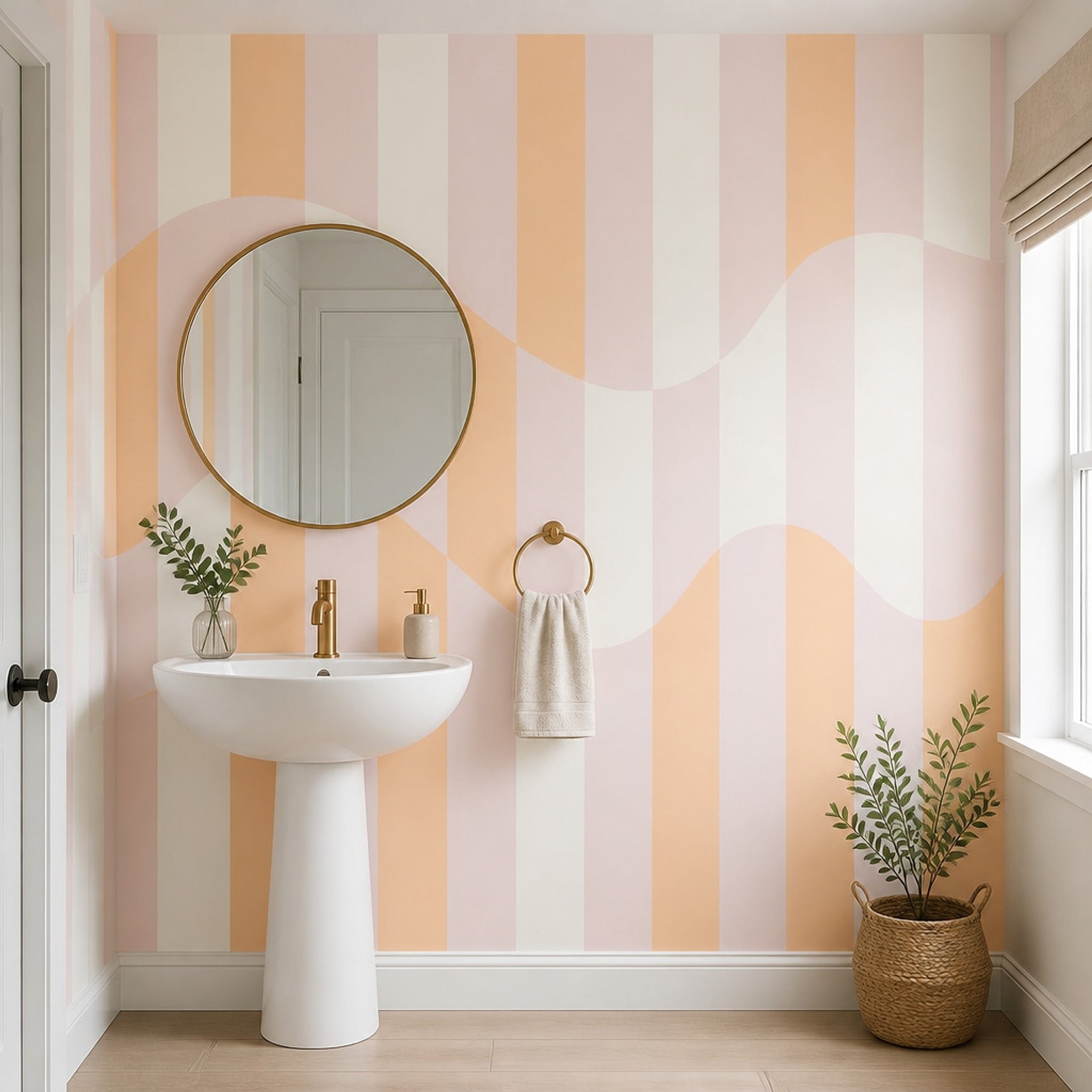 Pastel Dalgalı Çizgili Poster Duvar Kağıdı Pembe Turuncu Salon