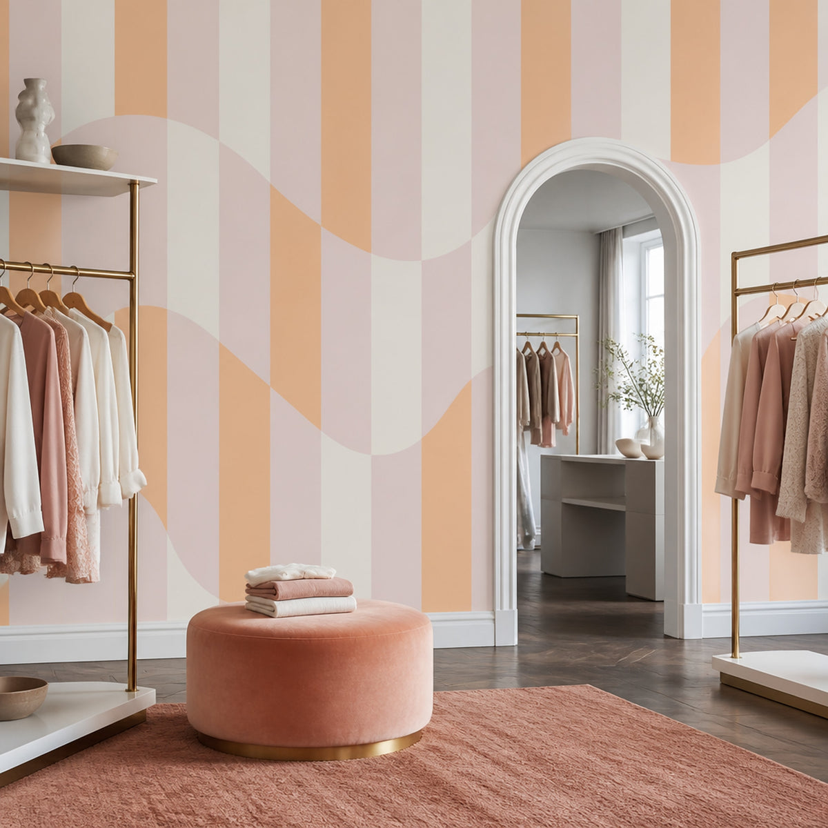 Pastel Dalgalı Çizgili Poster Duvar Kağıdı Pembe Turuncu Salon