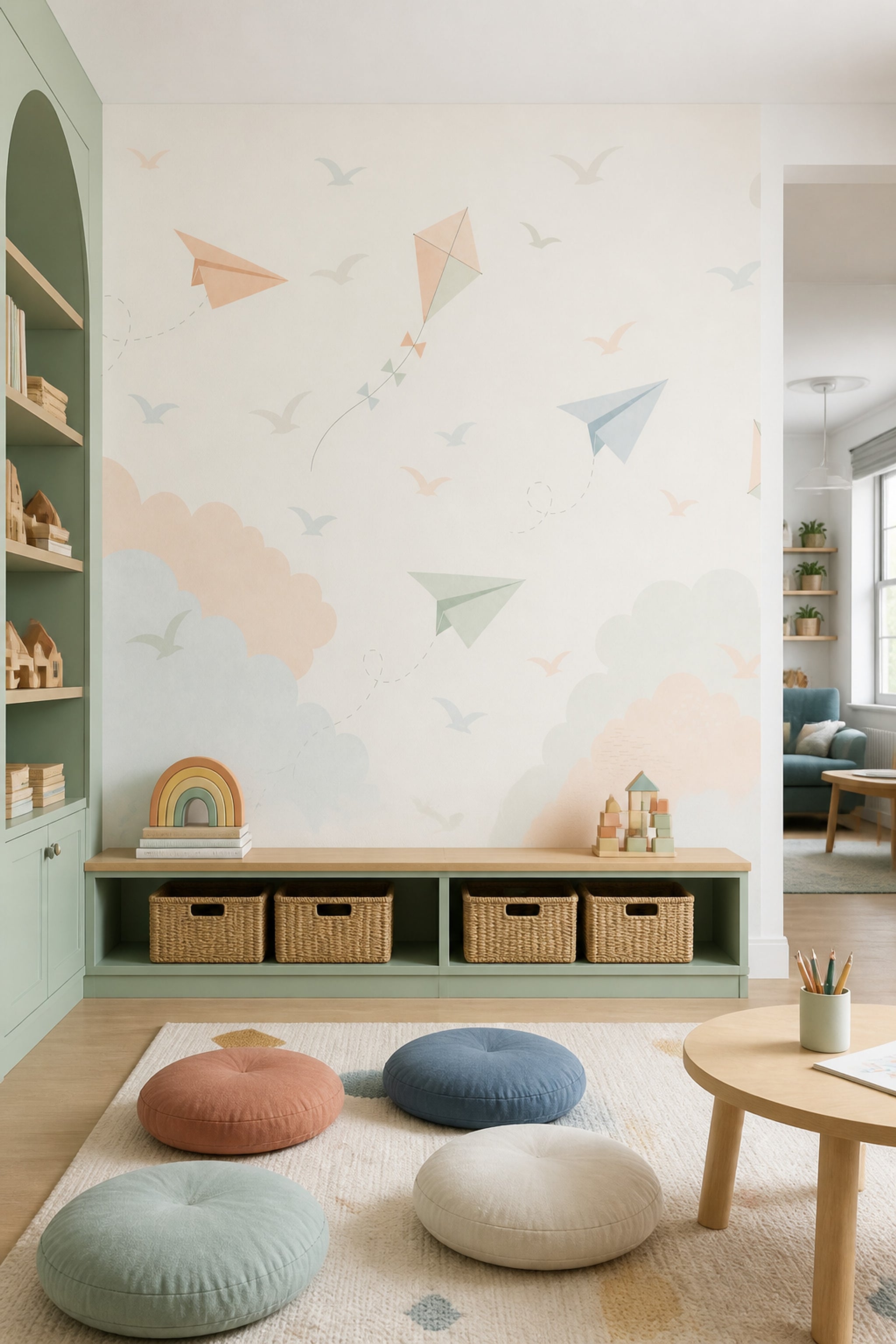 Uçurtma ve Bulutlu Poster Duvar Kağıdı Pastel Bebek Odası