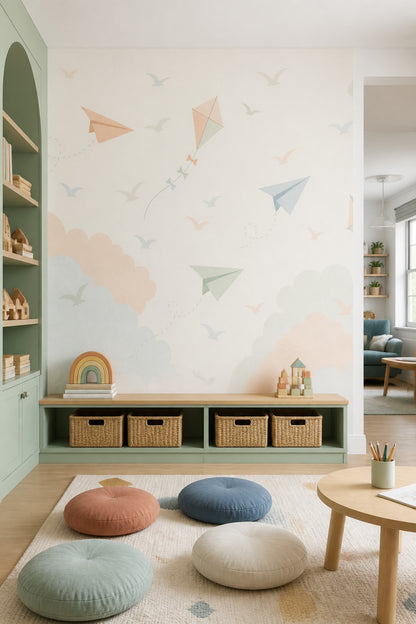 Uçurtma ve Bulutlu Poster Duvar Kağıdı Pastel Bebek Odası