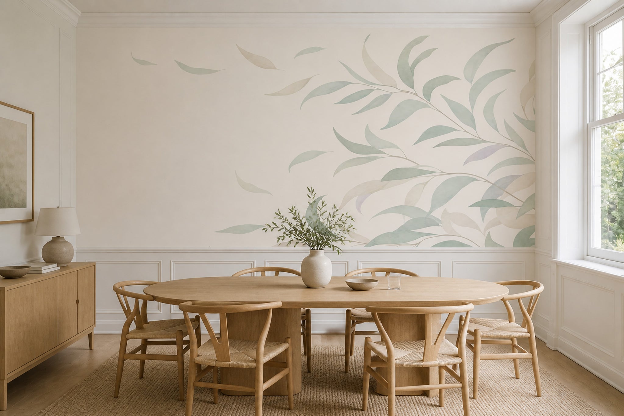 Pastel Yaprak Desenli Poster Duvar Kağıdı Açık Renk Salon