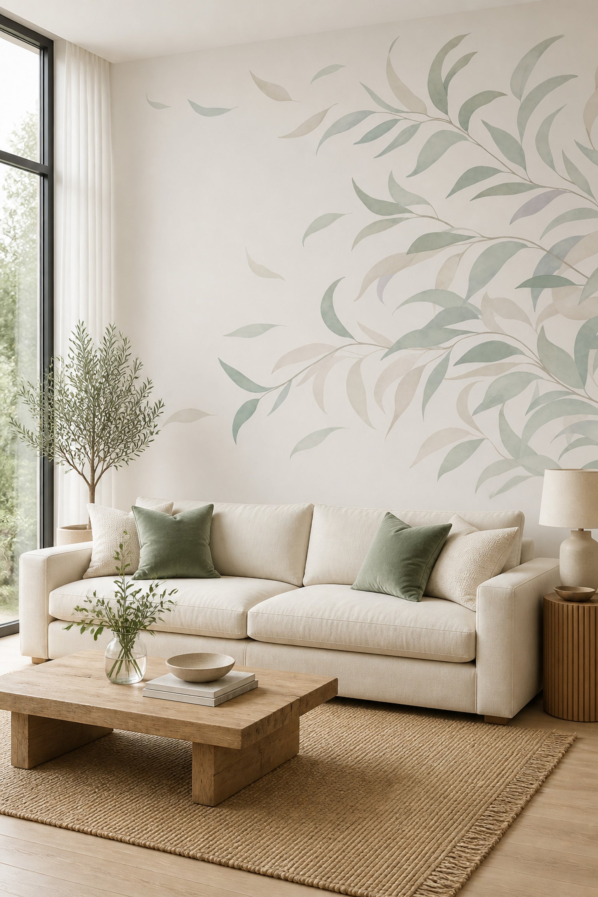 Pastel Yaprak Desenli Poster Duvar Kağıdı Açık Renk Salon