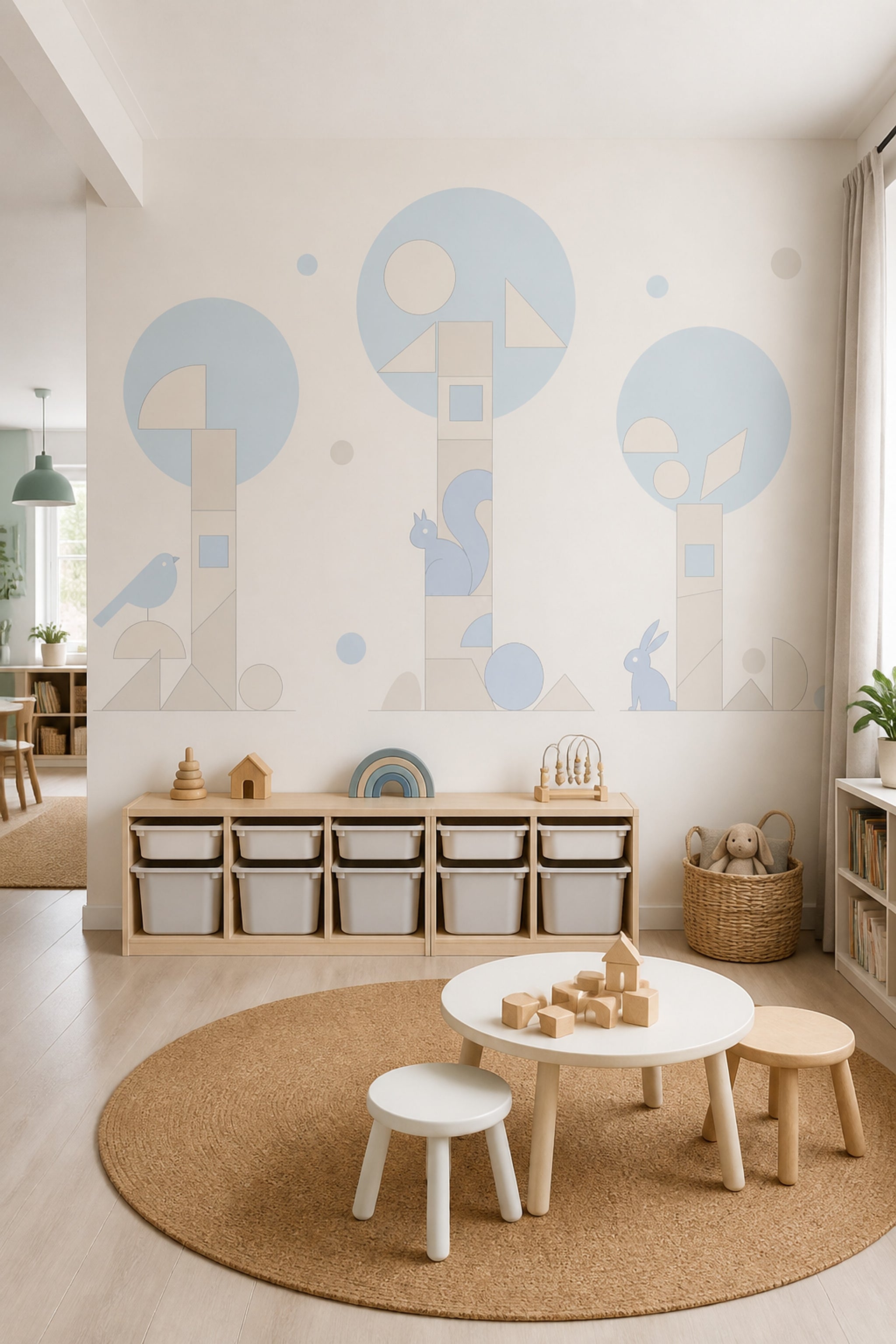 Geometrik Ağaç ve Hayvanlı Poster Duvar Kağıdı Bebek Odası