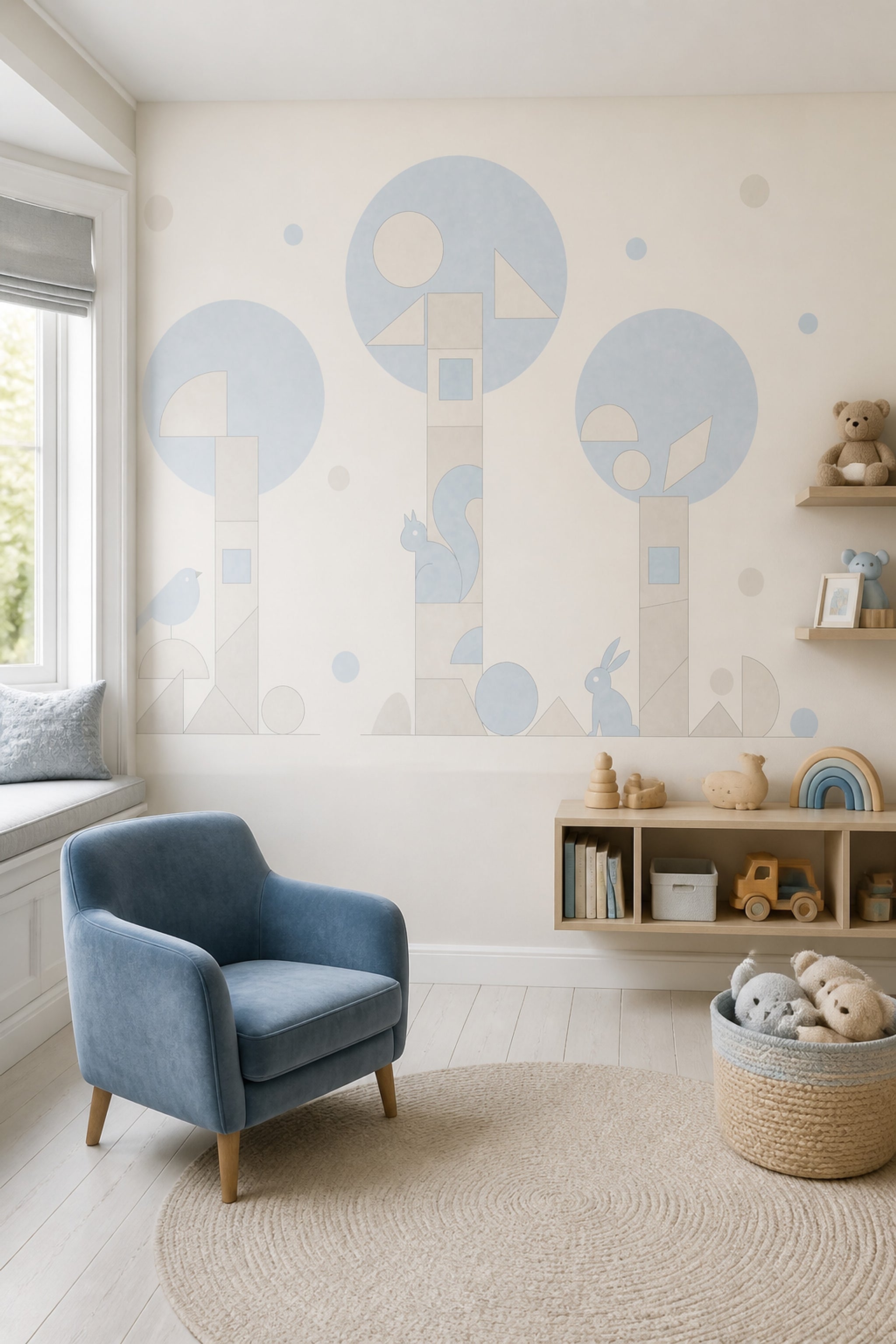 Geometrik Ağaç ve Hayvanlı Poster Duvar Kağıdı Bebek Odası