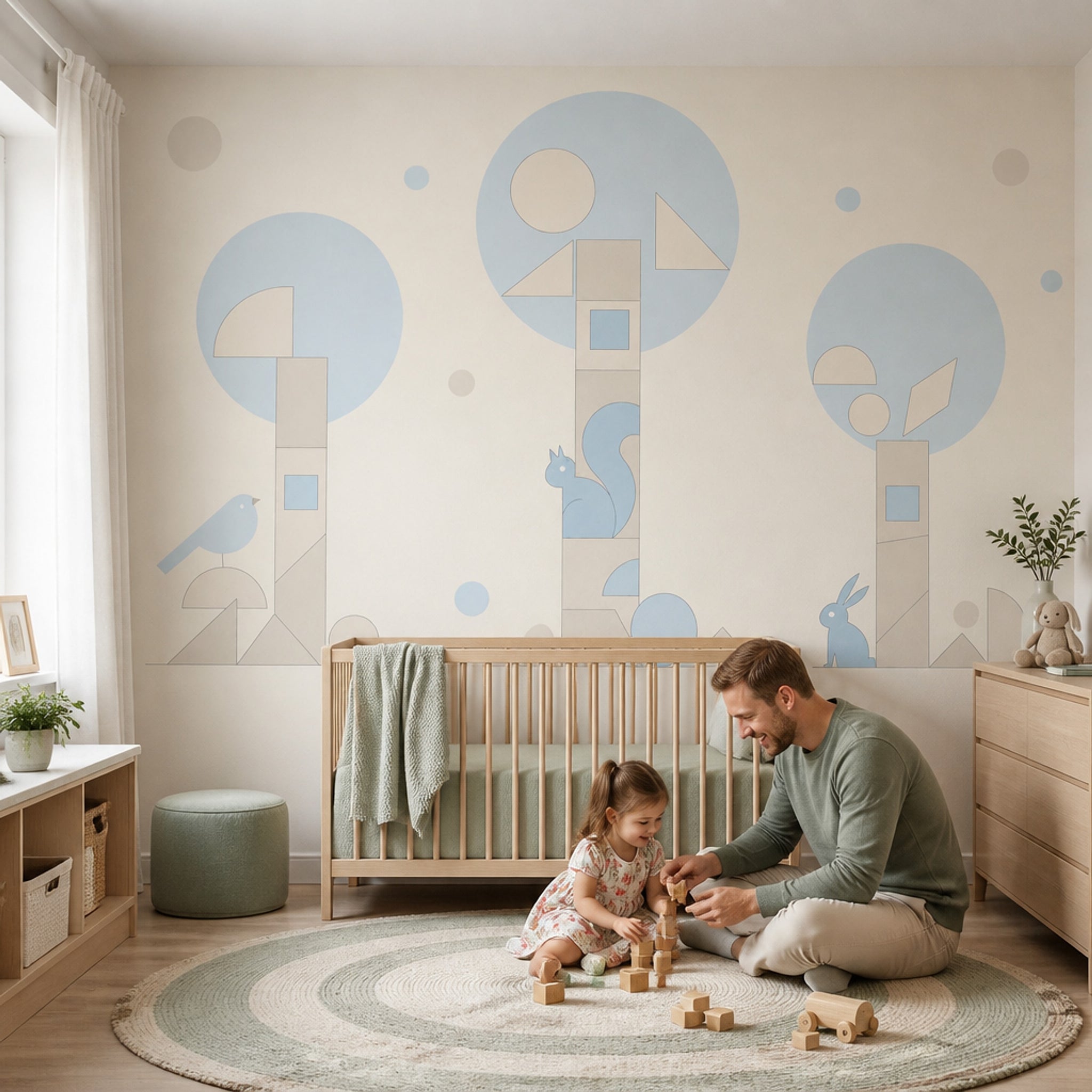 Geometrik Ağaç ve Hayvanlı Poster Duvar Kağıdı Bebek Odası