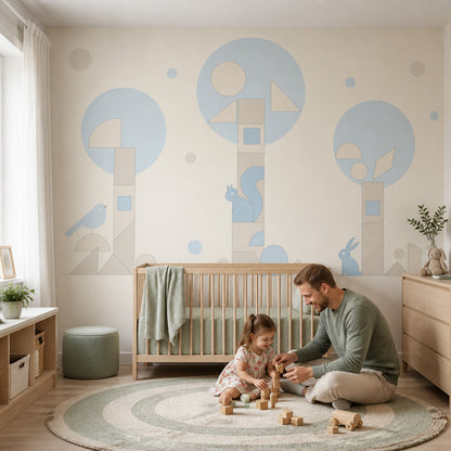 Geometrik Ağaç ve Hayvanlı Poster Duvar Kağıdı Bebek Odası