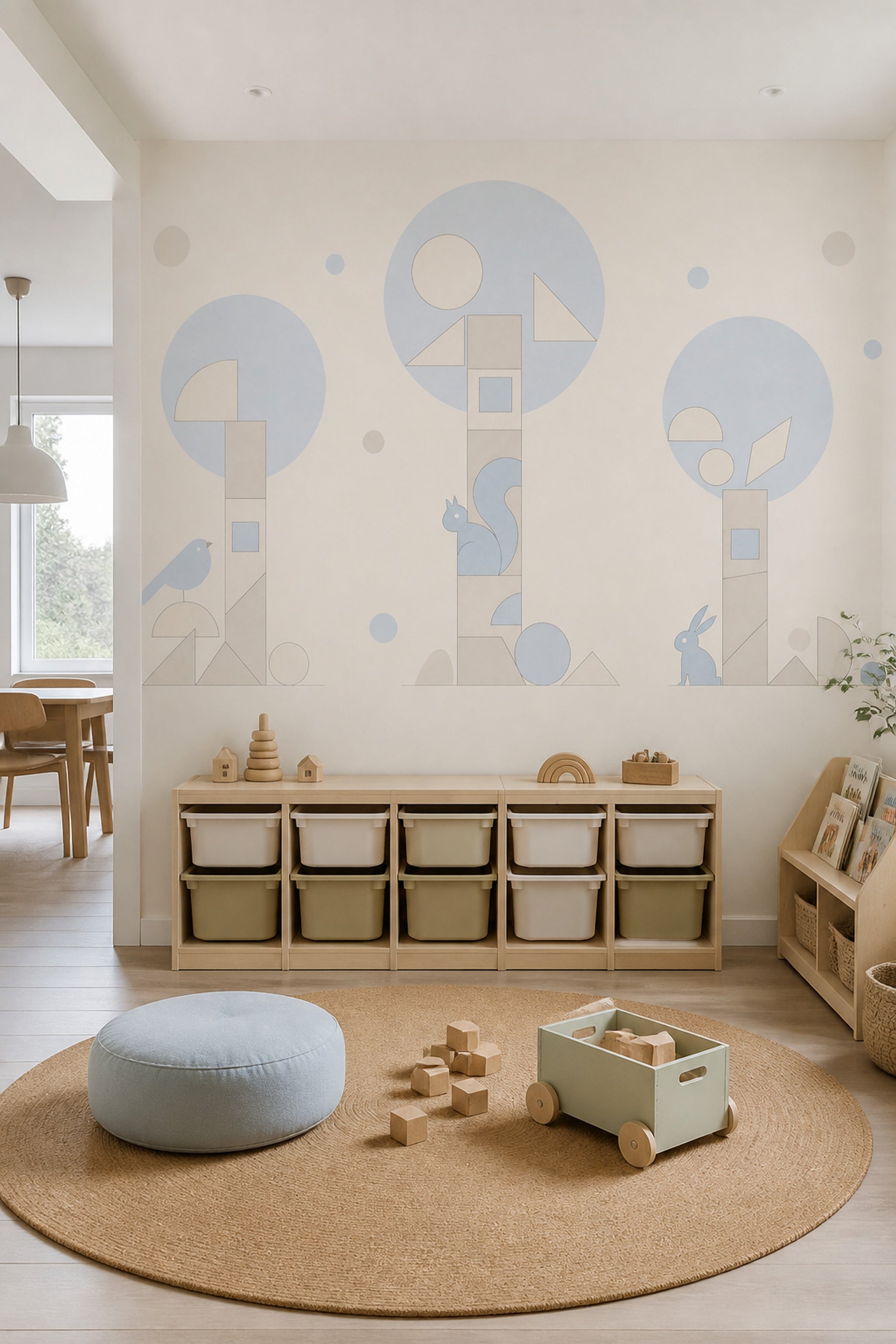 Geometrik Ağaç ve Hayvanlı Poster Duvar Kağıdı Bebek Odası