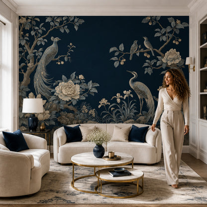 Tavus Kuşlu Çiçekli Poster Duvar Kağıdı Lacivert Salon