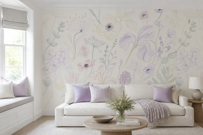 Pastel Çiçek Çizimli Poster Duvar Kağıdı Krem Duvar Dekoru