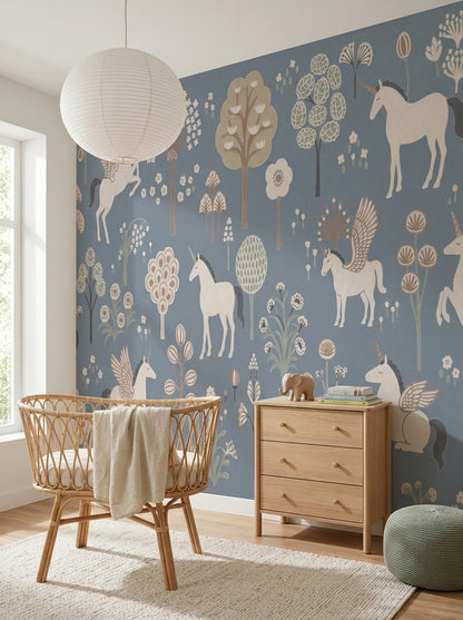 Unicorn Orman Desenli Poster Duvar Kağıdı Mavi Çocuk Odası