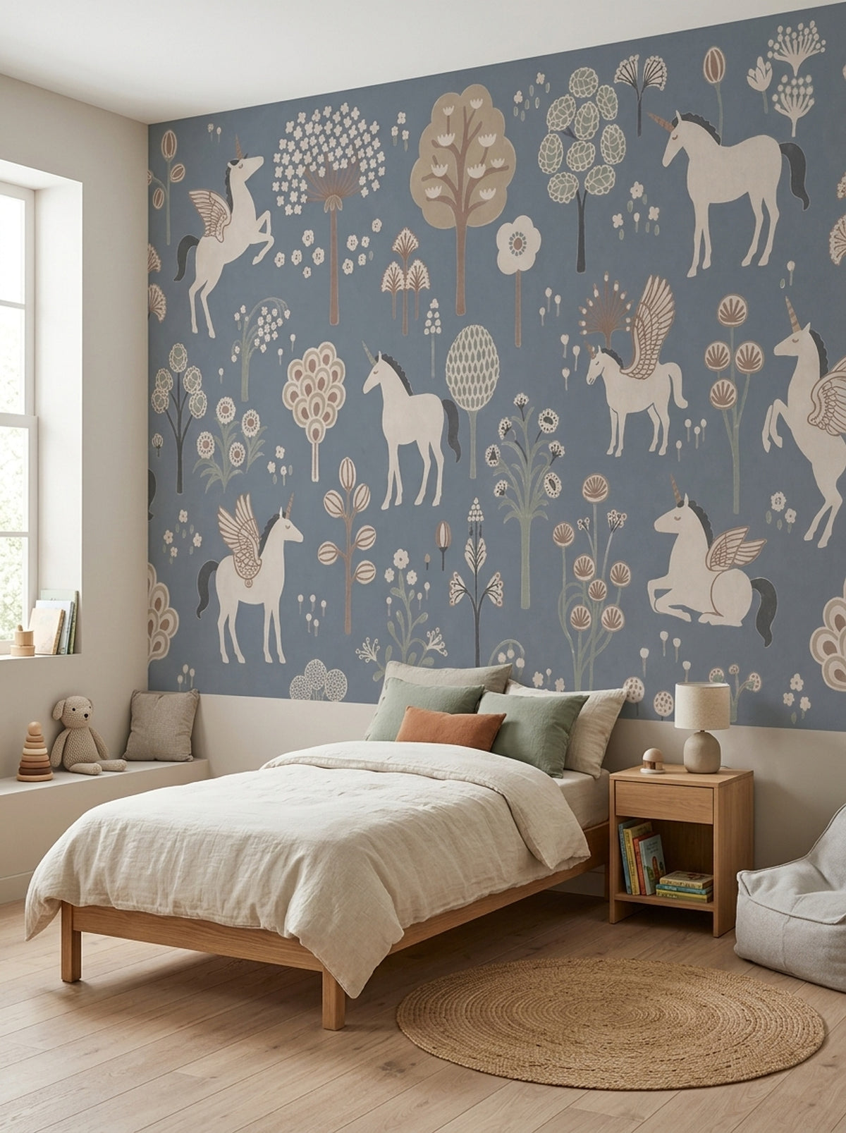 Unicorn Orman Desenli Poster Duvar Kağıdı Mavi Çocuk Odası
